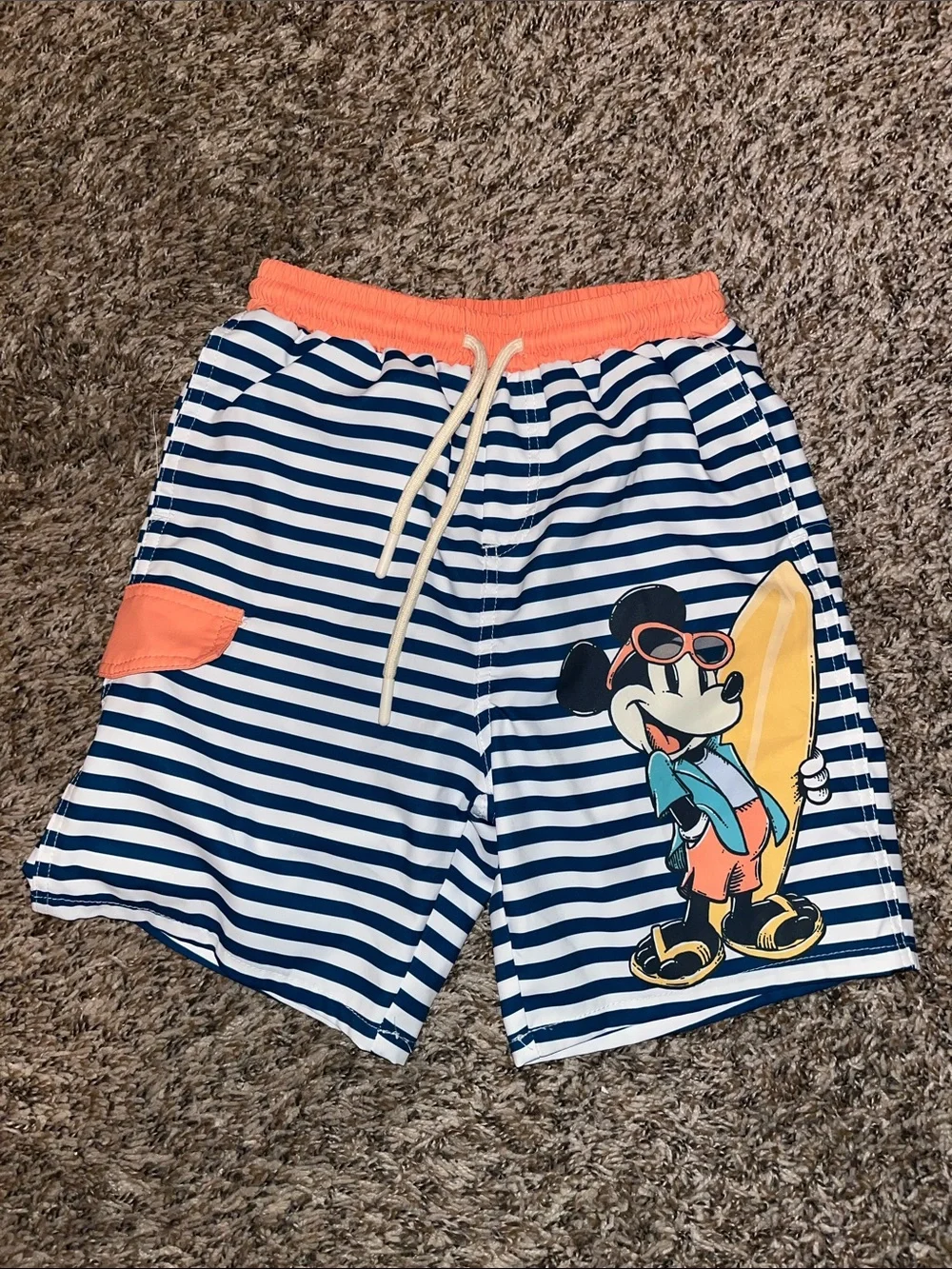 Navy & White Striped Mickey Mouse Surf Shorts with Coral Waistband